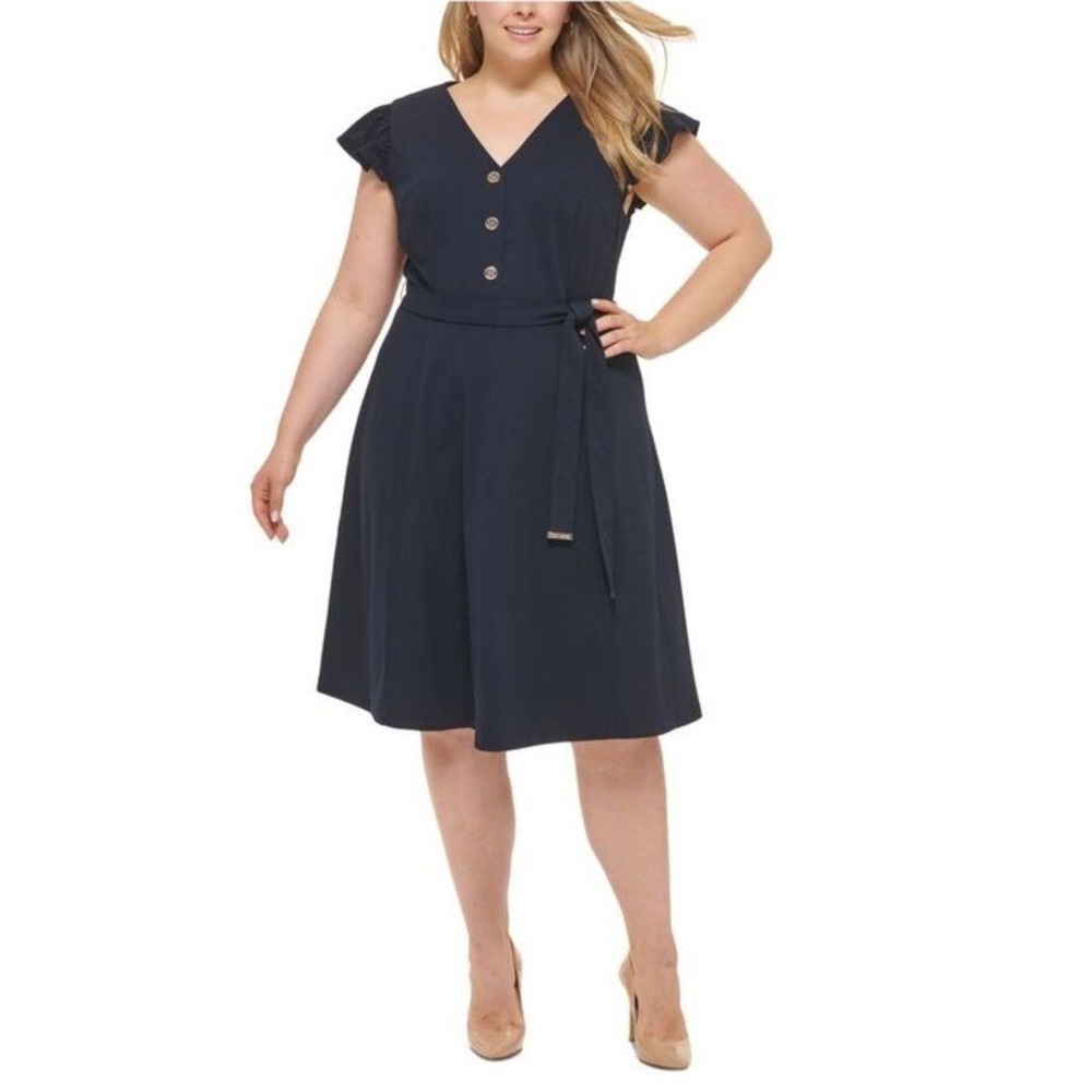 TOMMY HILFIGER Womens Navy Belted‎ Logo Buttons Flutter Sleeve Dress Plus 14W